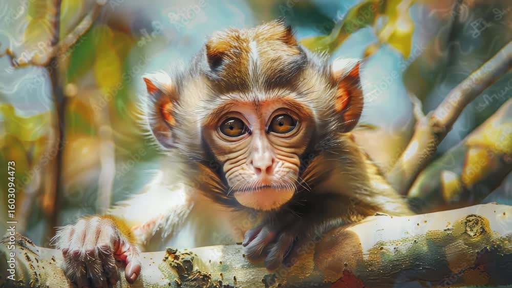 Poster a young macaque monkey with a curious expression on its face hangs onto a tree branch amidst autumn 
