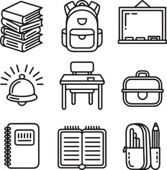 School Life Line Icons Set Books, Backpack, Classroom Board, Bell, Student Desk, Lunchbox, and Daily Learning Tools