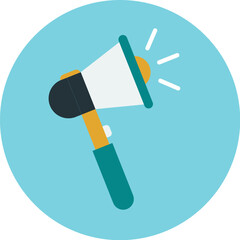 A simplified illustration of a megaphone emitting sound waves, set against a blue circular background.