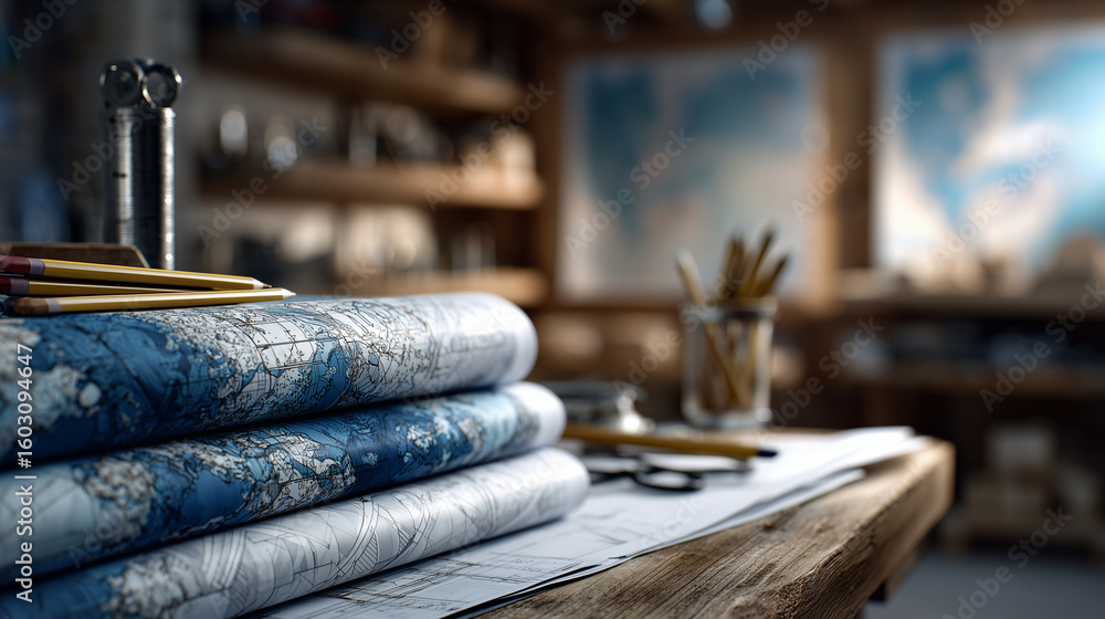 Poster rolled architectural blueprints stacked neatly on a wooden drafting table, unfurled technical drawin
