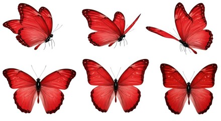 Six red butterflies in various poses isolated on white background