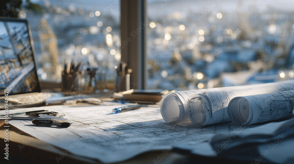 Poster architectural workspace featuring multiple rolled and unrolled building plans, engineering schematic