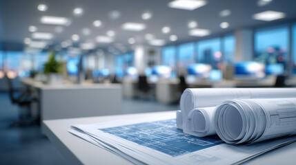 Industrial design charts and mechanical schematics unfurled next to stacks of neatly rolled blueprints, technical illustrations filled with gears, piping, and measurements, minimal