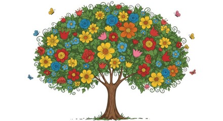 Vibrant blooming tree with butterflies isolated on white background