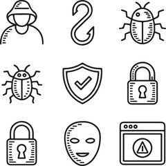 Threat Protection Doodle Icons Hacking, Phishing, Malware, Trojan Horse, Two-Factor Authentication, and Safe Browsing Tools