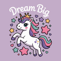 Dream big card with unicorn, pastel stars, purple background, playful script, printable sticker, autumn design