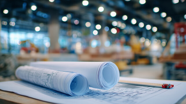 Construction planning table with large paper rolls and project diagrams overlapping, blueprint details showing multi-story structure with electrical overlays, architectural scale r