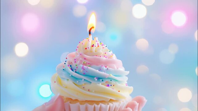 White surface, cupcake bearing blue white light birthday 4k positioned striped on blue festive signaling candle, moment video frosted