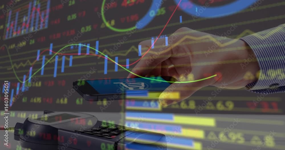 Poster hand holding smartphone nearing nfc reader tapping to complete payment while charts animating