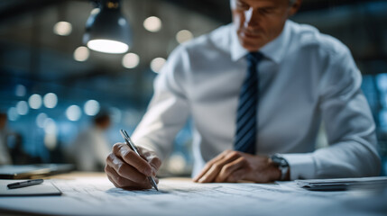 Architect in formal workwear focused intently on drawing building schematics, pen gliding over blueprint with ruler and scale guide in use, technical sketches of a modern structure