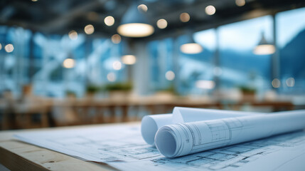 Drafting table lit by overhead task lamp, architectural blueprints rolled and unrolled, sharp black ink lines on crisp white paper showing technical clarity, sense of anticipation