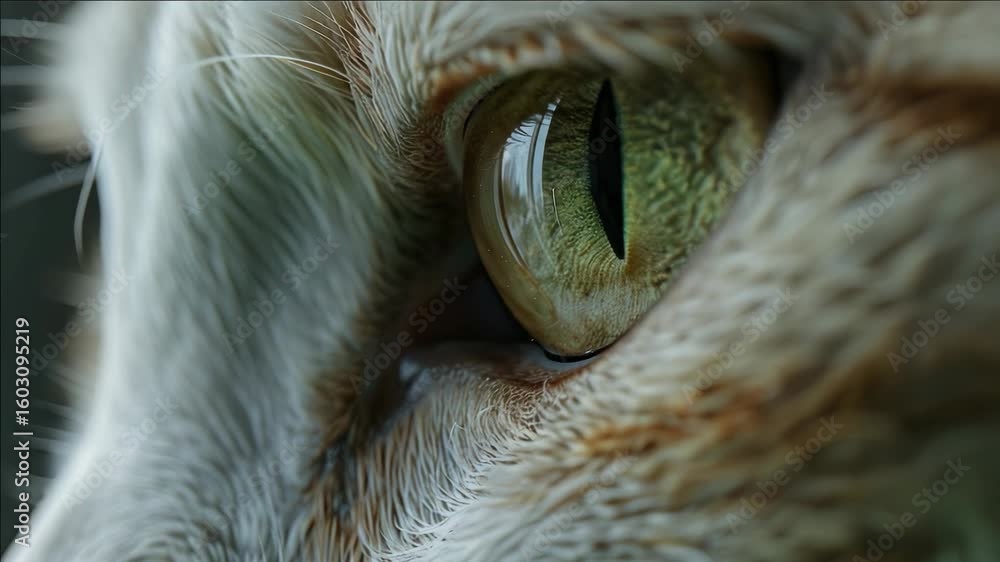 Poster detailed view of a feline eye with a reflection in the iris.