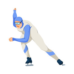 Athlete speed skating in aerodynamic suit, flat graphic style on white background. Concept of winter sports and ice skating. Vector illustration