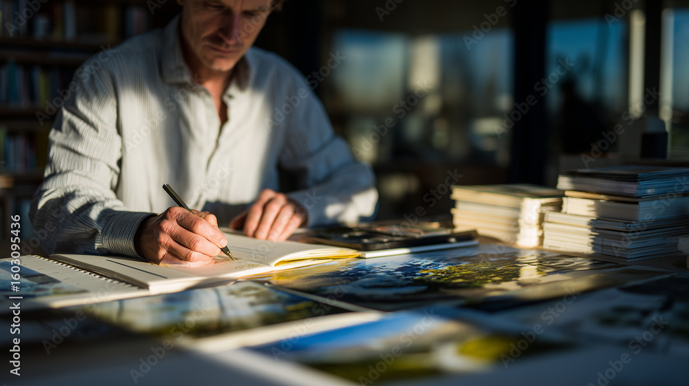 Poster drafterâs desk illuminated by natural light, hand drawing precise building facade lines, surroundi