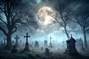 A spooky graveyard scene at night is illuminated by a full moon