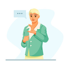 Person signing in sign language to communicate, flat graphic style, on white and blue abstract background, concept of deaf communication. Vector illustration © GN.STUDIO