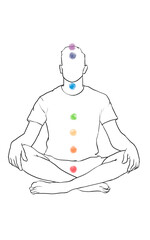 Chakras location in body. Silhouette of man in Lotus position on white background, illustration
