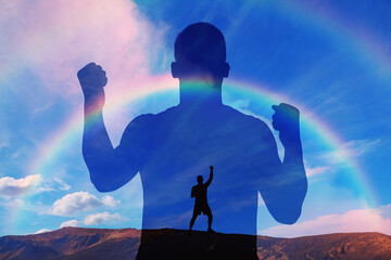 Hope. Silhouettes of man in mountains under beautiful sky, double exposure