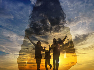 Hope. Silhouettes of woman and family under beautiful sky at sunset, double exposure