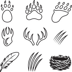 Wildlife Symbol Icons Forest Animal Footprints, Antlers, Claw Marks, Nests, Feathers, and Tracks in Minimal Line Art