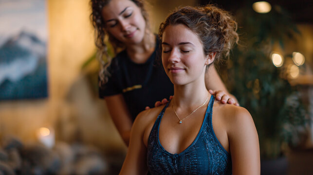 Yoga teacher correcting posture of student during class, calm expression, hands gently guiding body alignment, atmosphere of trust and growth - Powered by Adobe