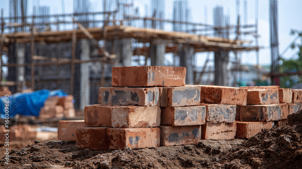 Poster stacks of red clay bricks neatly arranged on a muddy construction site, dust-covered and weathered, 