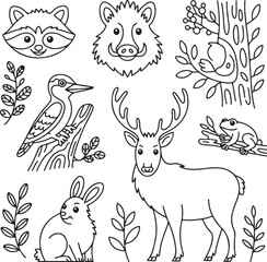 Wildlife Doodle Icon Pack Forest Creatures in Profile – Raccoon, Boar, Woodpecker, Rabbit, Elk, and Tree Frog