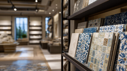 Elegant ceramic floor tiles in ornate patterns displayed on angled racks in a luxury showroom, spotlighted in soft, elegant lighting