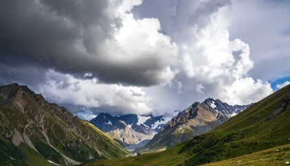 Fototapeta premium Dramatic Mountain Landscape Under Stormy Skies with Lush Green Valleys and Peaks