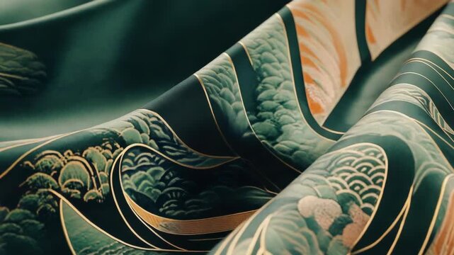 The image showcases a breathtaking Japanese folding screen, known as a Byobu or Choshi. It features intricate gold designs on a dark background, depicting a harmonious scene of mountains and clouds.