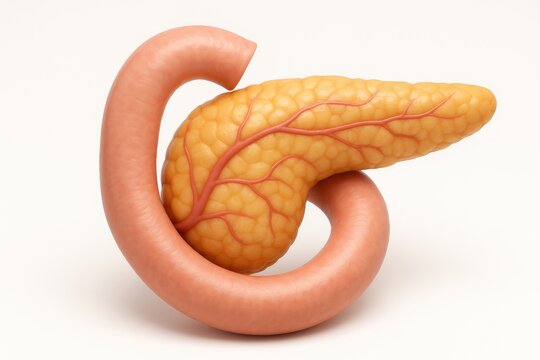 Anatomy: Human Pancreas and Duodenum: An intricate medical illustration of the pancreas and duodenum, the key components of the human digestive system, ready for educational, diagnostic.