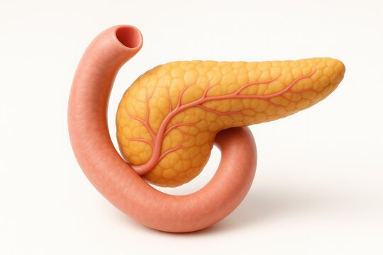 Anatomy of the Pancreas: An artistic depiction of a healthy pancreas and duodenum, presenting intricate details in vibrant colors, reflecting health and vitality.