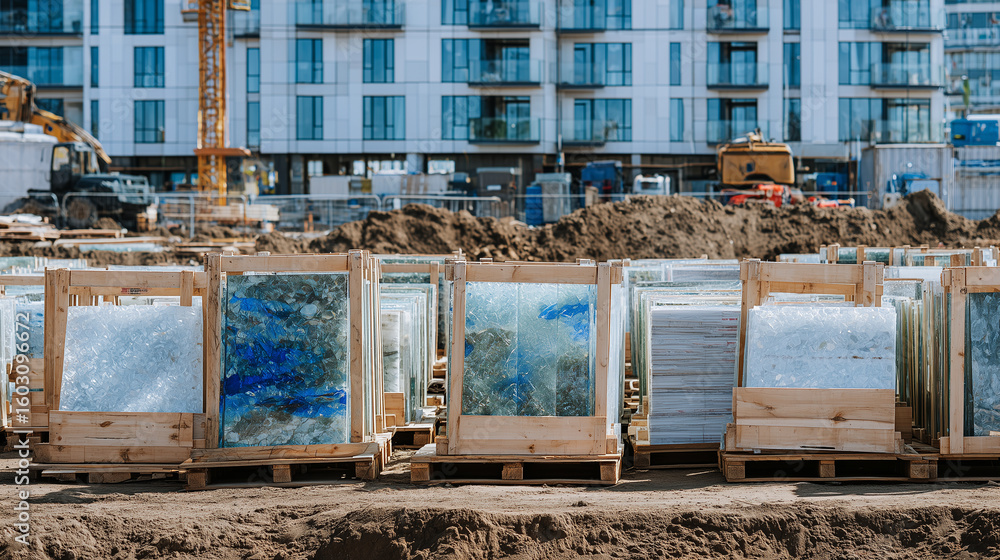 Aufkleber glass panels with blue tint standing in crates with protective foam, luxury construction site with h