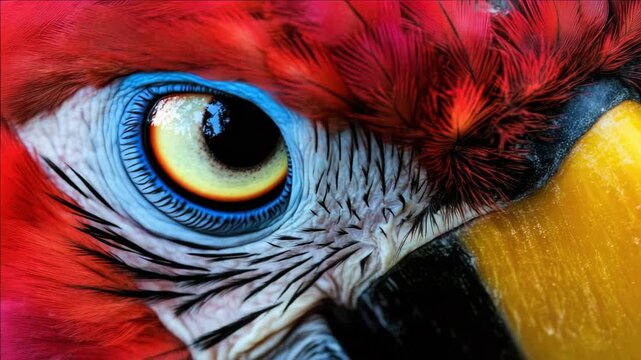 This image features a striking parrot bird in high detail against a blurred background to focus on its vivid plumage. The parrot's eyes are gently closed, giving the impression of tranquility