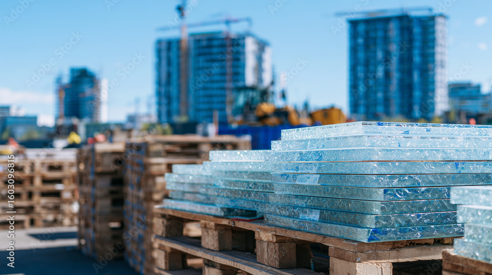 Poster glass panels with blue tint standing in crates with protective foam, luxury construction site with h