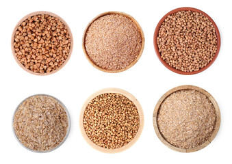Buckwheat bran and grains in bowls isolated on white, set. Top view