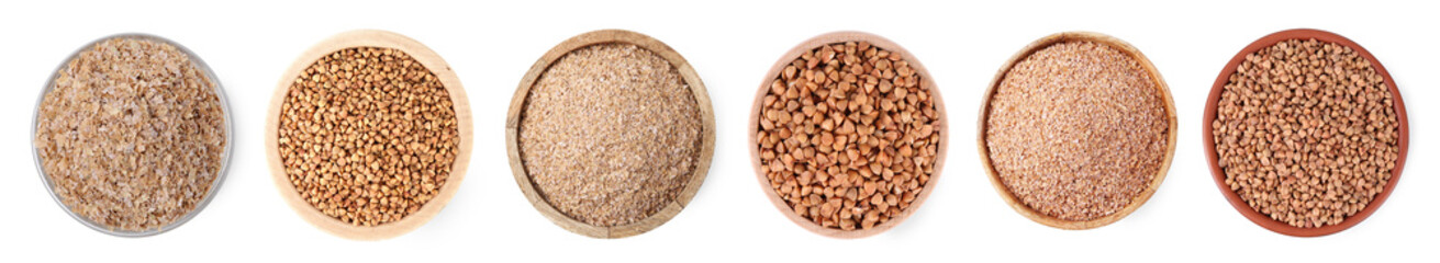Buckwheat bran and grains in bowls isolated on white, set. Top view