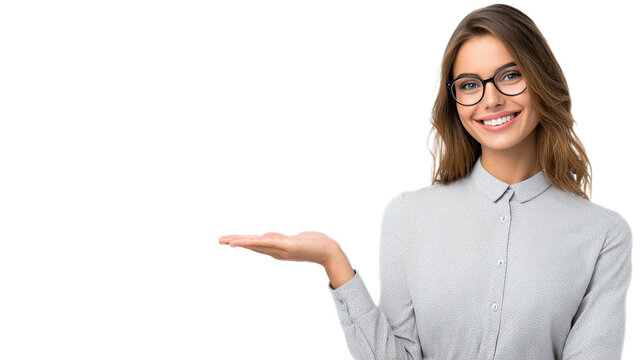 Smiling businesswoman presenting with open hand for copy space