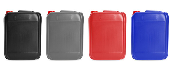 Plastic canisters in different colors isolated on white, set
