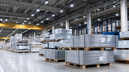 Sheets of galvanized steel and aluminum stacked on pallets, reflecting cool silvery tones under overhead lights in a large distribution center