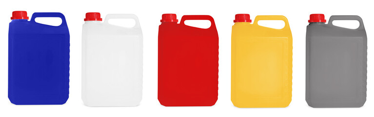 Plastic canisters in different colors isolated on white, set