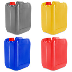 Plastic canisters in different colors isolated on white, set