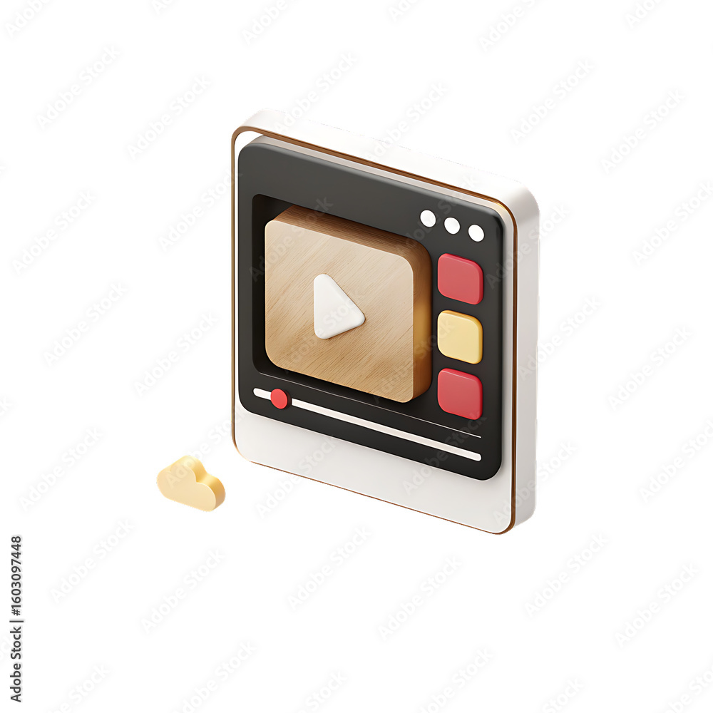 Poster 3 d isometric view of a plastic u i video player interface with a wooden play button and cloud icon 