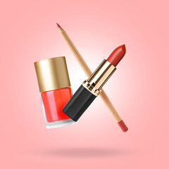 Lipstick, nail polish and lip pencil in air against pink background. Makeup cosmetics