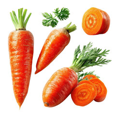 Carrot collection with green leaves isolated on transparent background.