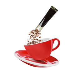 Instant coffee falling from sachet into cup against white background