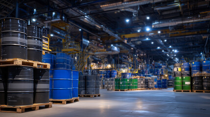 Fototapeta premium Industrial warehouse filled with hundreds of stacked oil drums in various colors, from matte black to vibrant blue and green, ambient overhead lights and ventilation ducts adding d