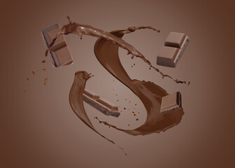 Chocolate pieces and cacao drink splash on brown background