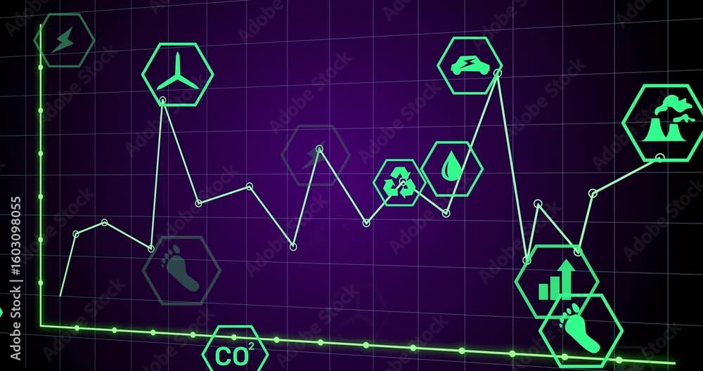 Poster animated neon polyline graph emerging from axis tracing peaks and snapping eco icons for metrics