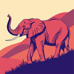 Majestic elephant walking through rolling hills silhouette